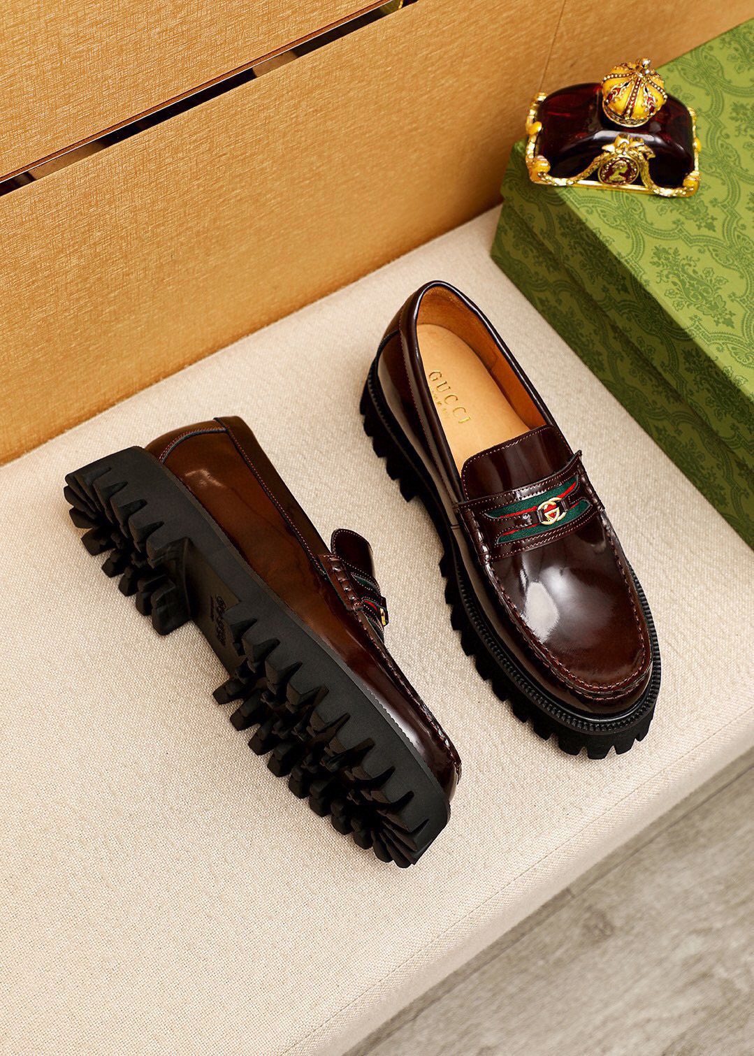 Gucci Striped Vamp Lug Sole Loafers — side