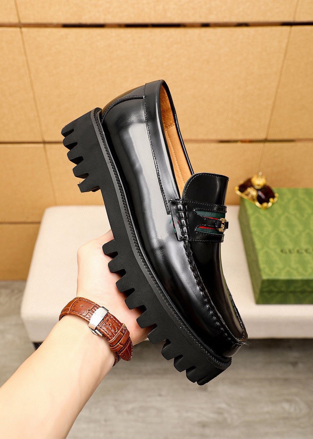 Gucci Striped Vamp Lug Sole Loafers — side