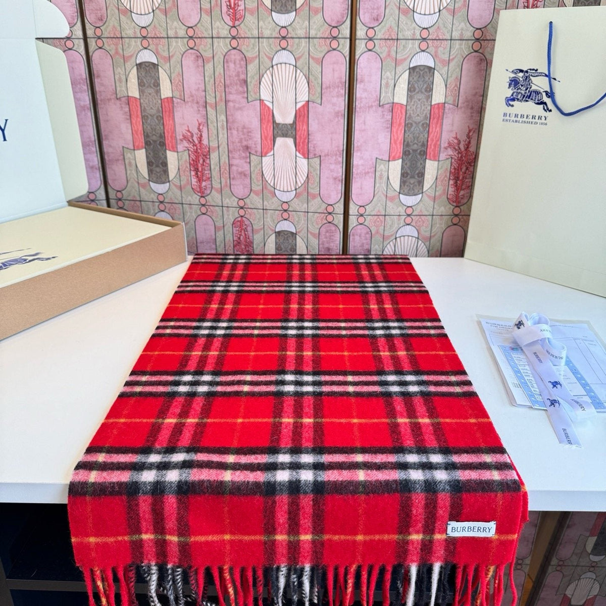 Burberry Red Plaid Fringed Scarf — front