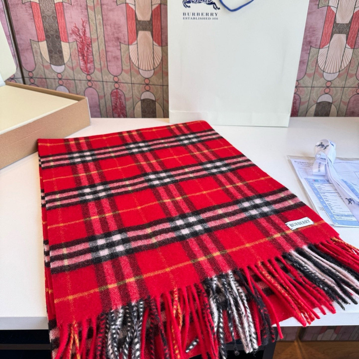 Burberry Red Plaid Fringed Scarf — hero