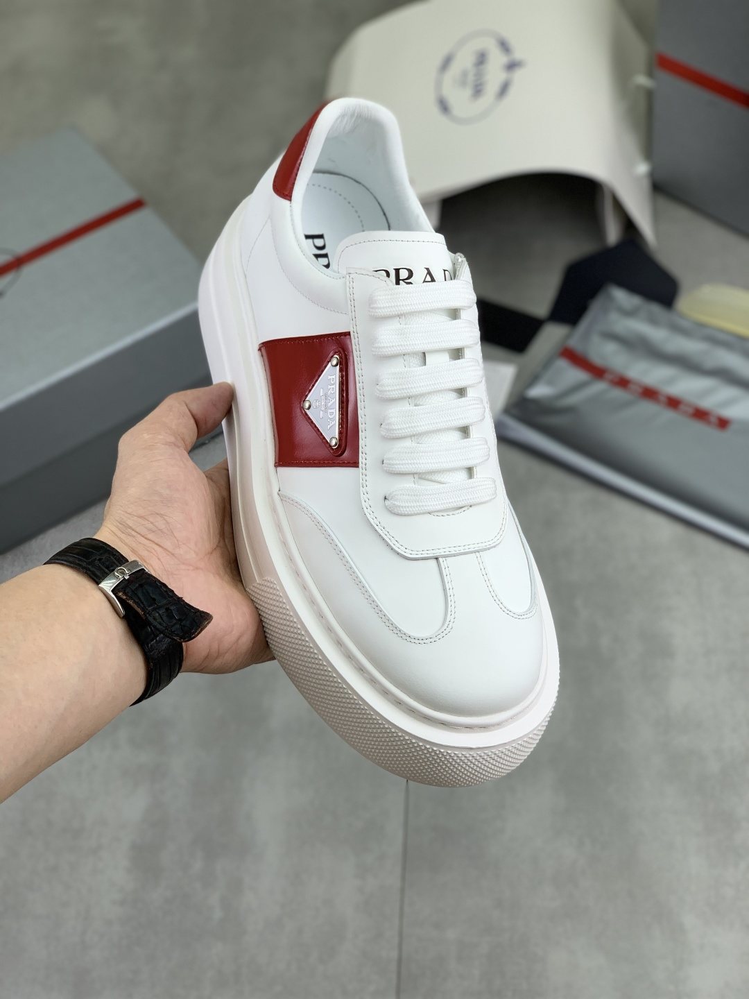 Prada Triangle Panel Low-Top Sneakers — front