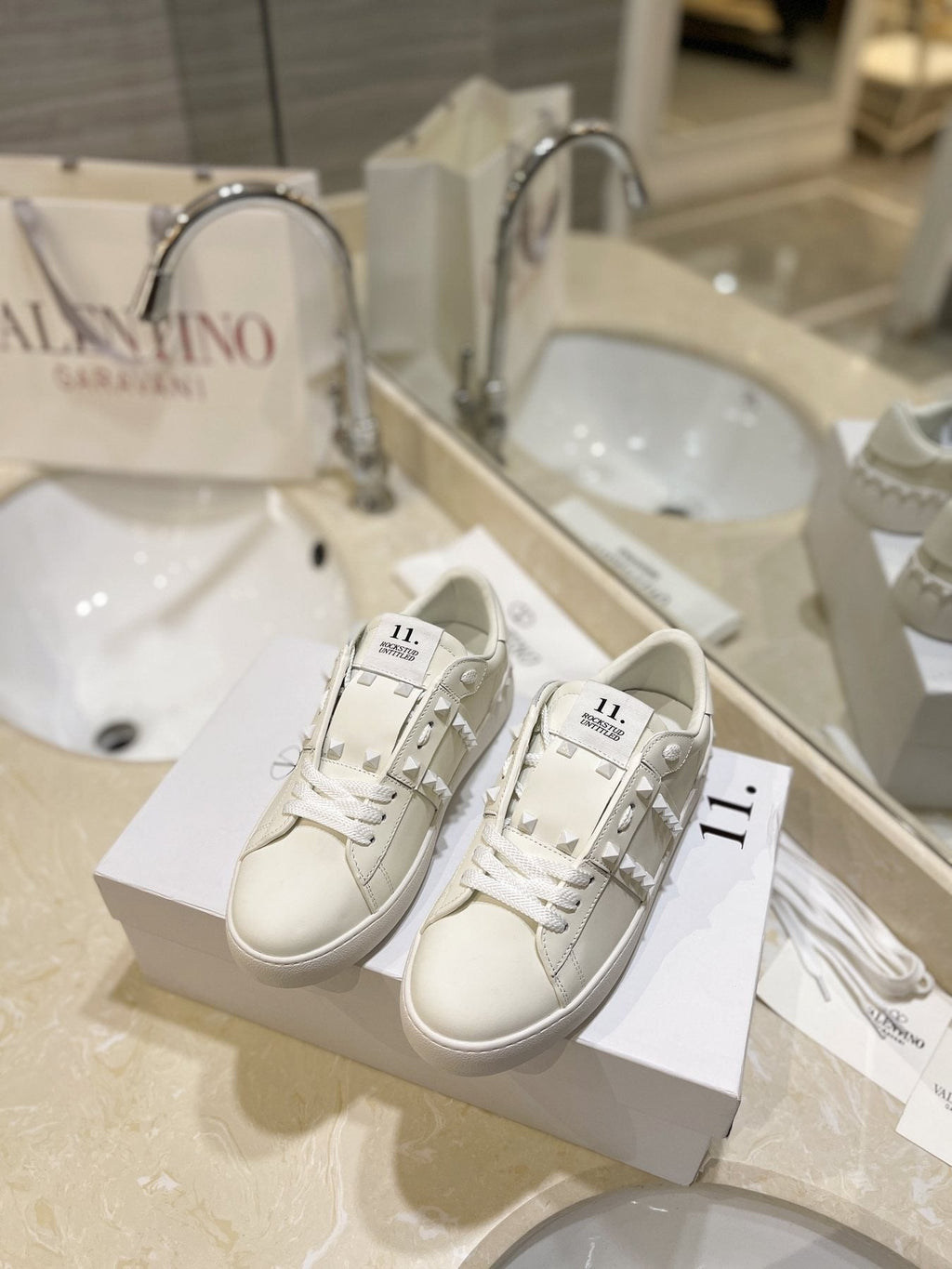 Valentino White Silver Studded Low-Top Sneakers — front