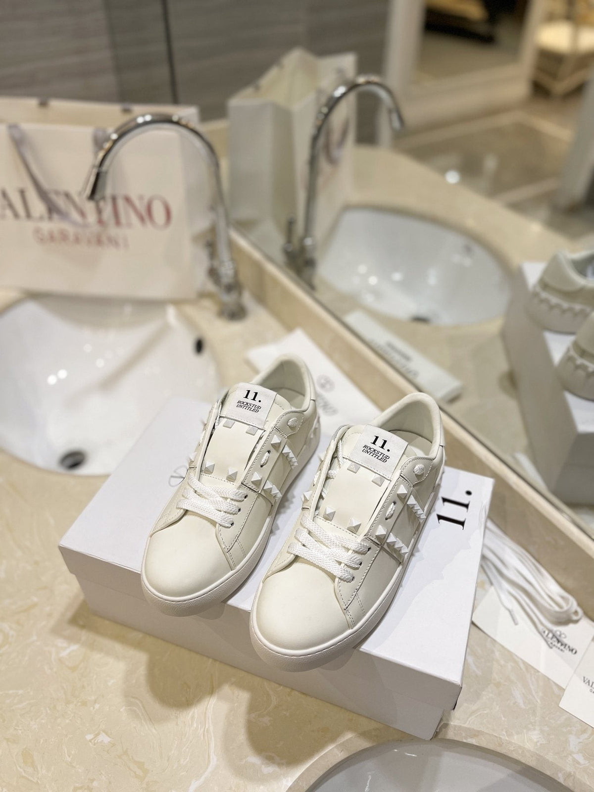 Valentino White Silver Studded Low-Top Sneakers — front