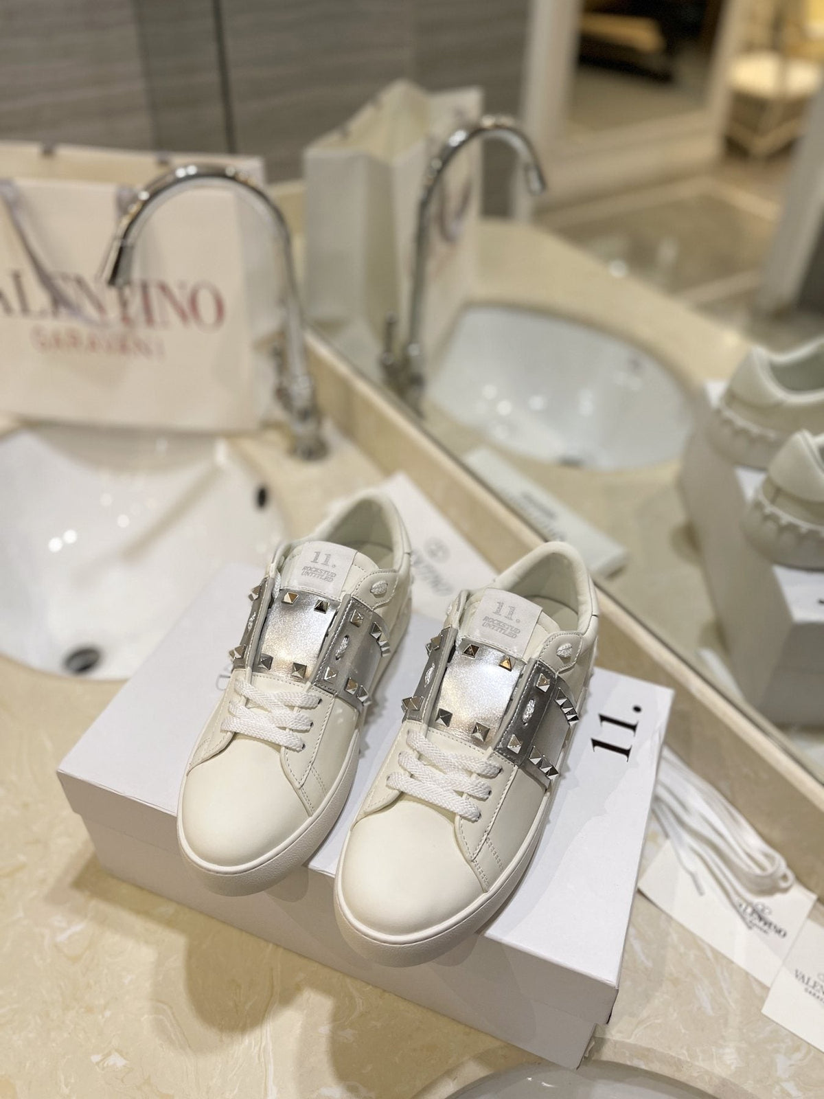 Valentino White Silver Studded Low-Top Sneakers — front