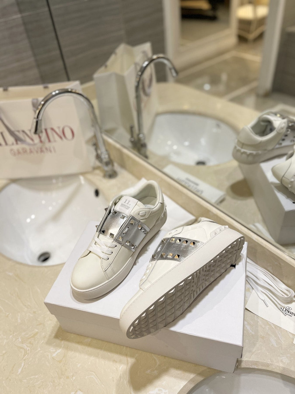 Valentino White Silver Studded Low-Top Sneakers — side