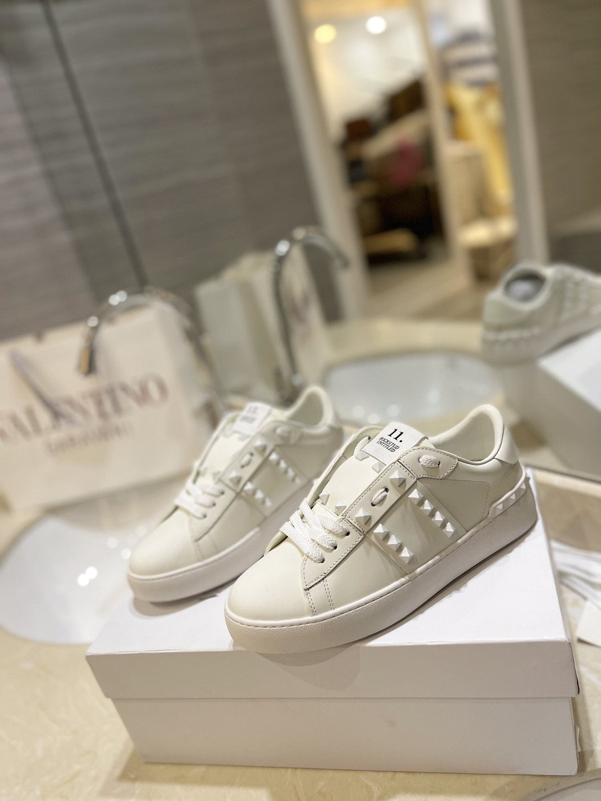 Valentino White Silver Studded Low-Top Sneakers — front