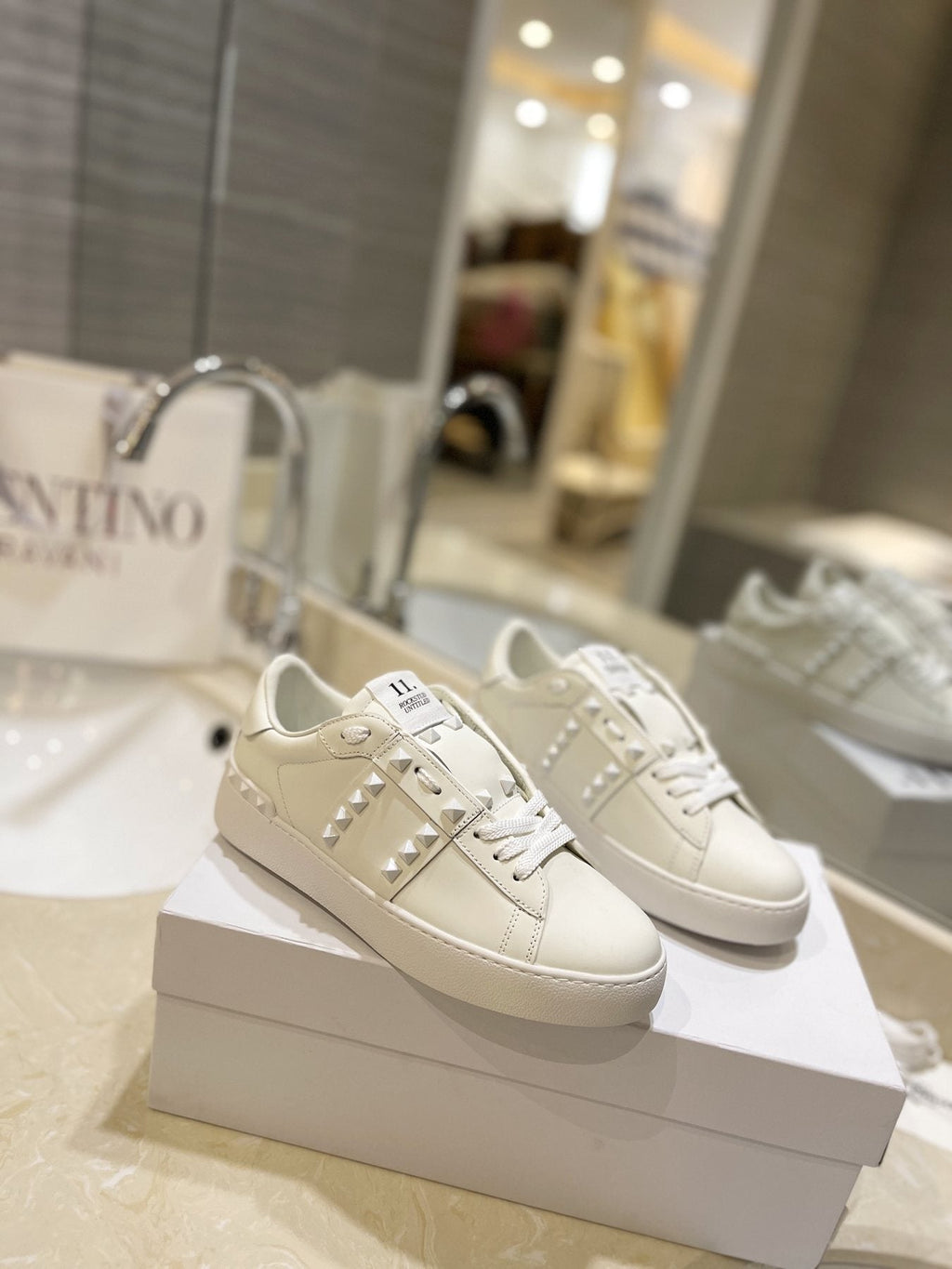 Valentino White Silver Studded Low-Top Sneakers — front