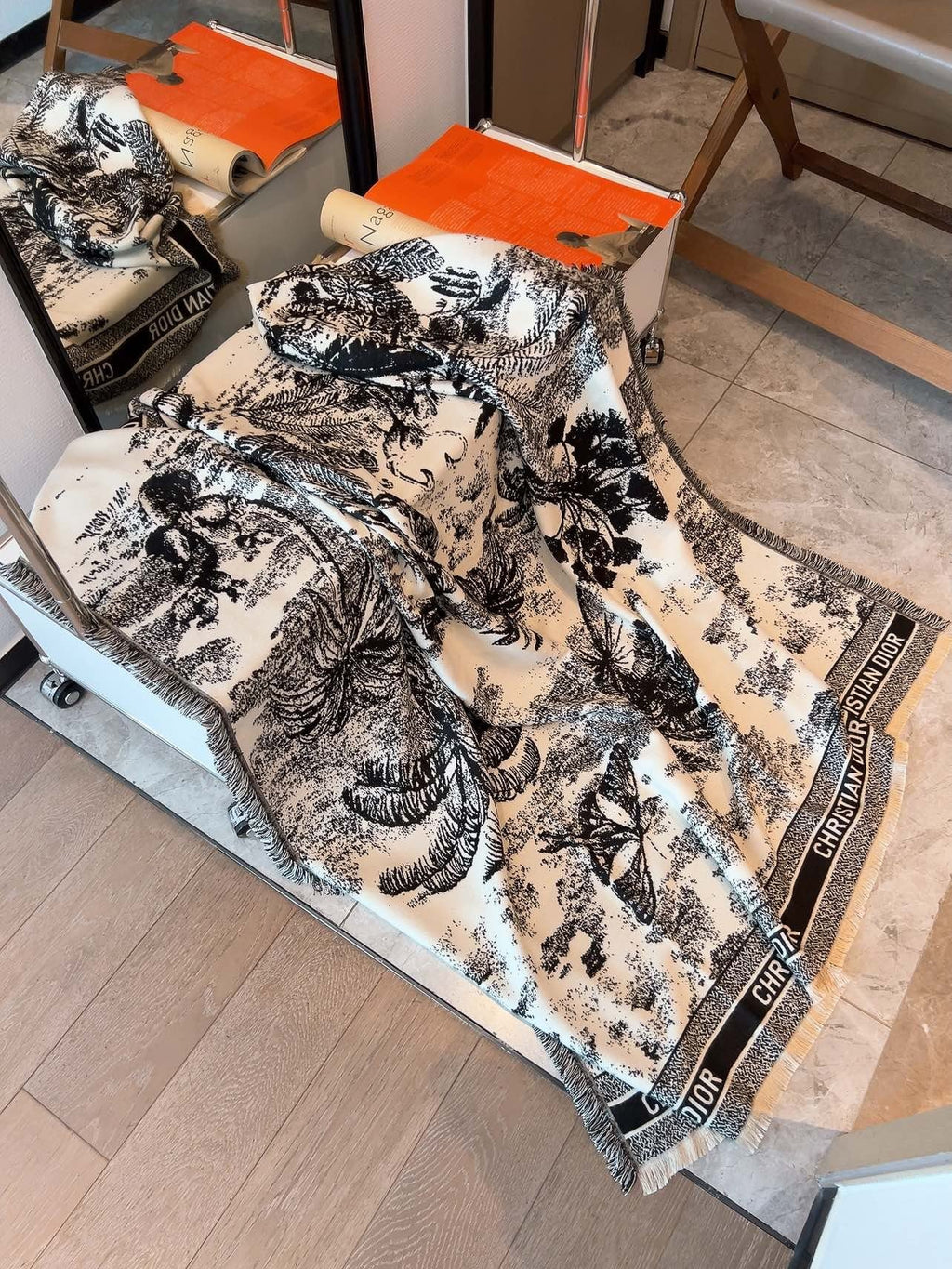 Dior Botanical Print Fringe Square Scarf — front
