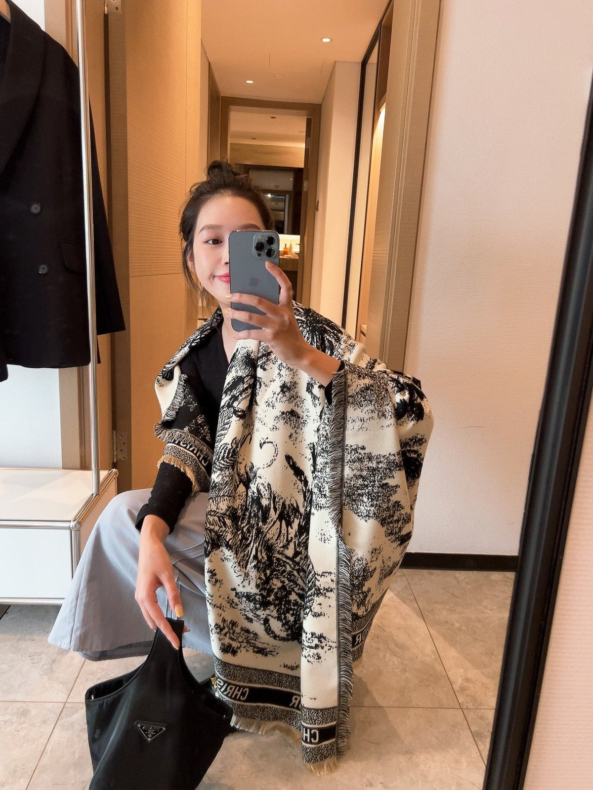 Dior Botanical Print Fringe Square Scarf — model