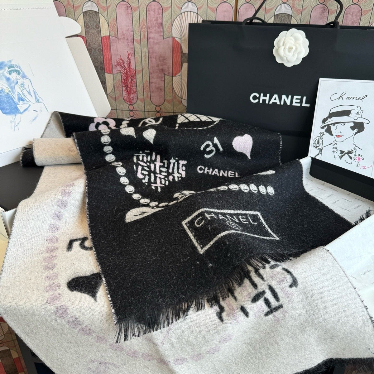 Chanel Pearl Motif Fringe Scarf — front