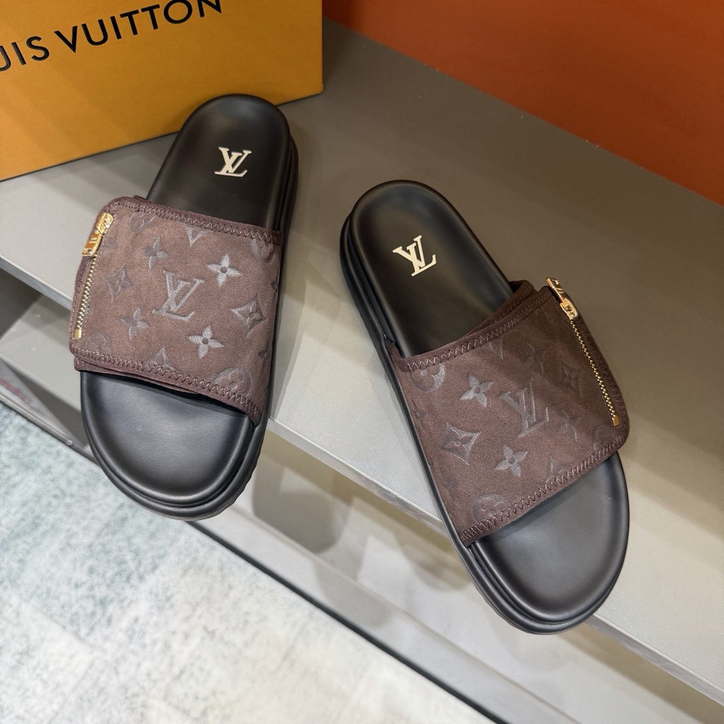 Louis Vuitton Monogram Zip Slide Sandals — front