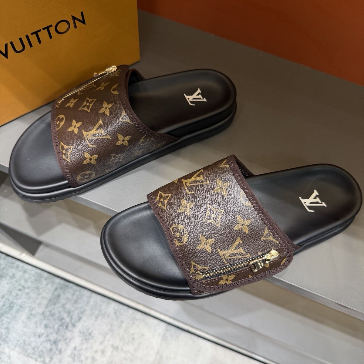 Louis Vuitton Monogram Zip Slide Sandals — front