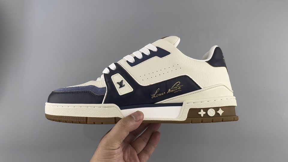 Louis Vuitton White & Navy Low-Top Sneakers — side