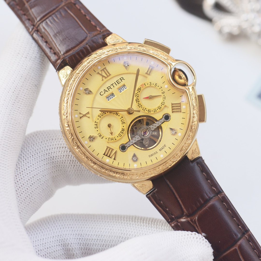 CARTIER Gold Brown Leather Strap Watch — front