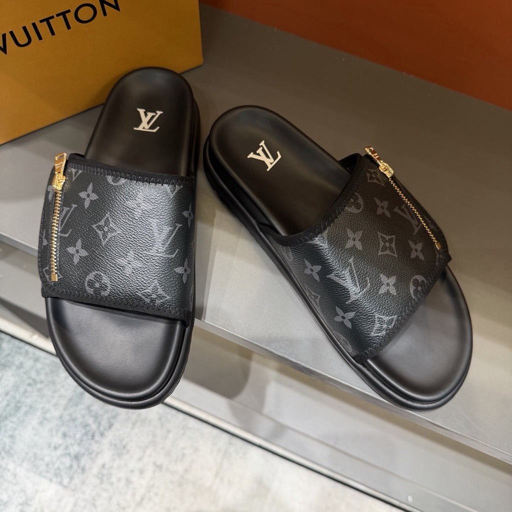 Louis Vuitton Black Monogram Strap Slide Sandals — front