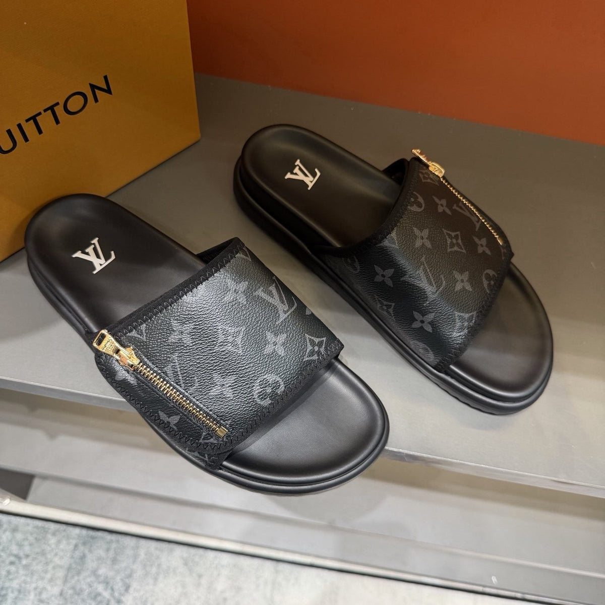 Louis Vuitton Black Monogram Strap Slide Sandals — front