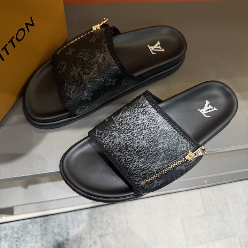 Louis Vuitton Black Monogram Strap Slide Sandals — front