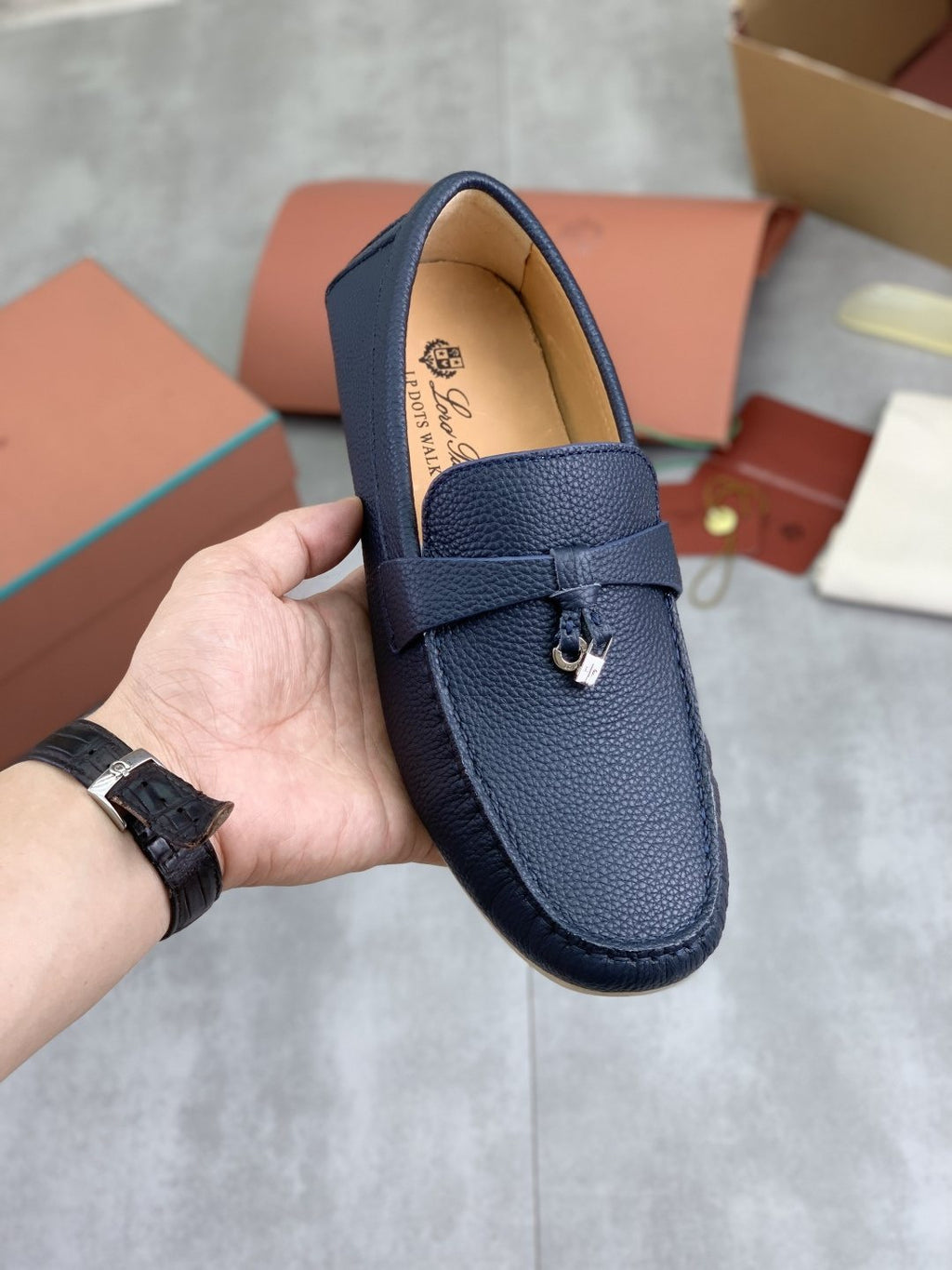 Loro Piana Dark Navy Blue Moc-Toe Loafers — front