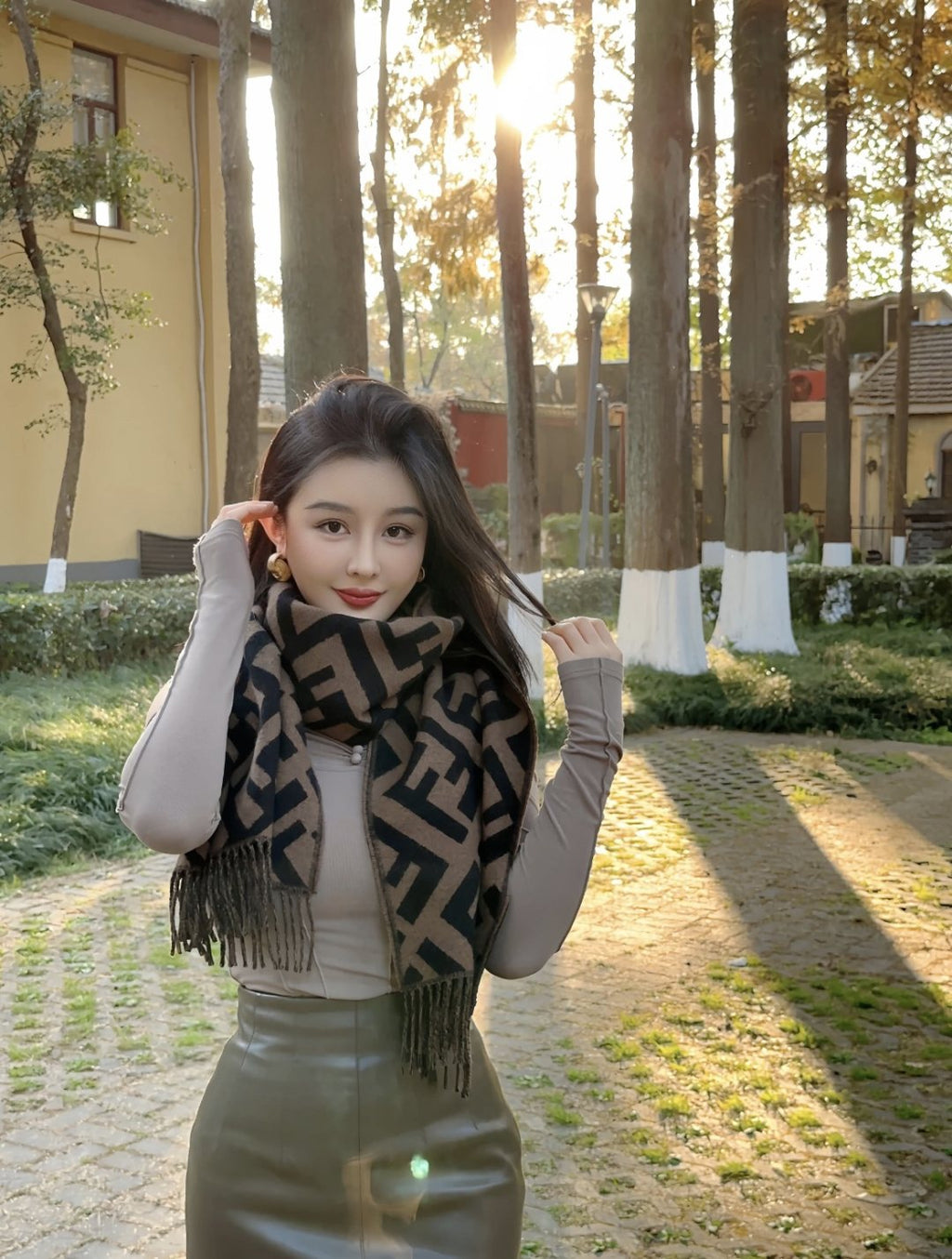 Fendi Geometric Fringed Scarf — model