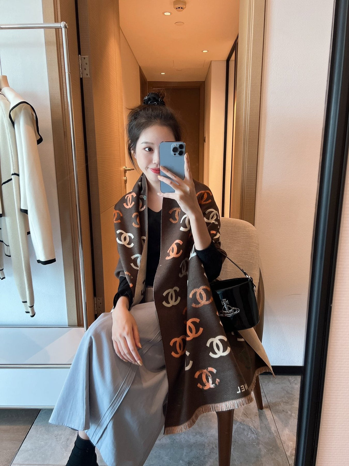 Chanel Patterned Fringed Scarf — model
