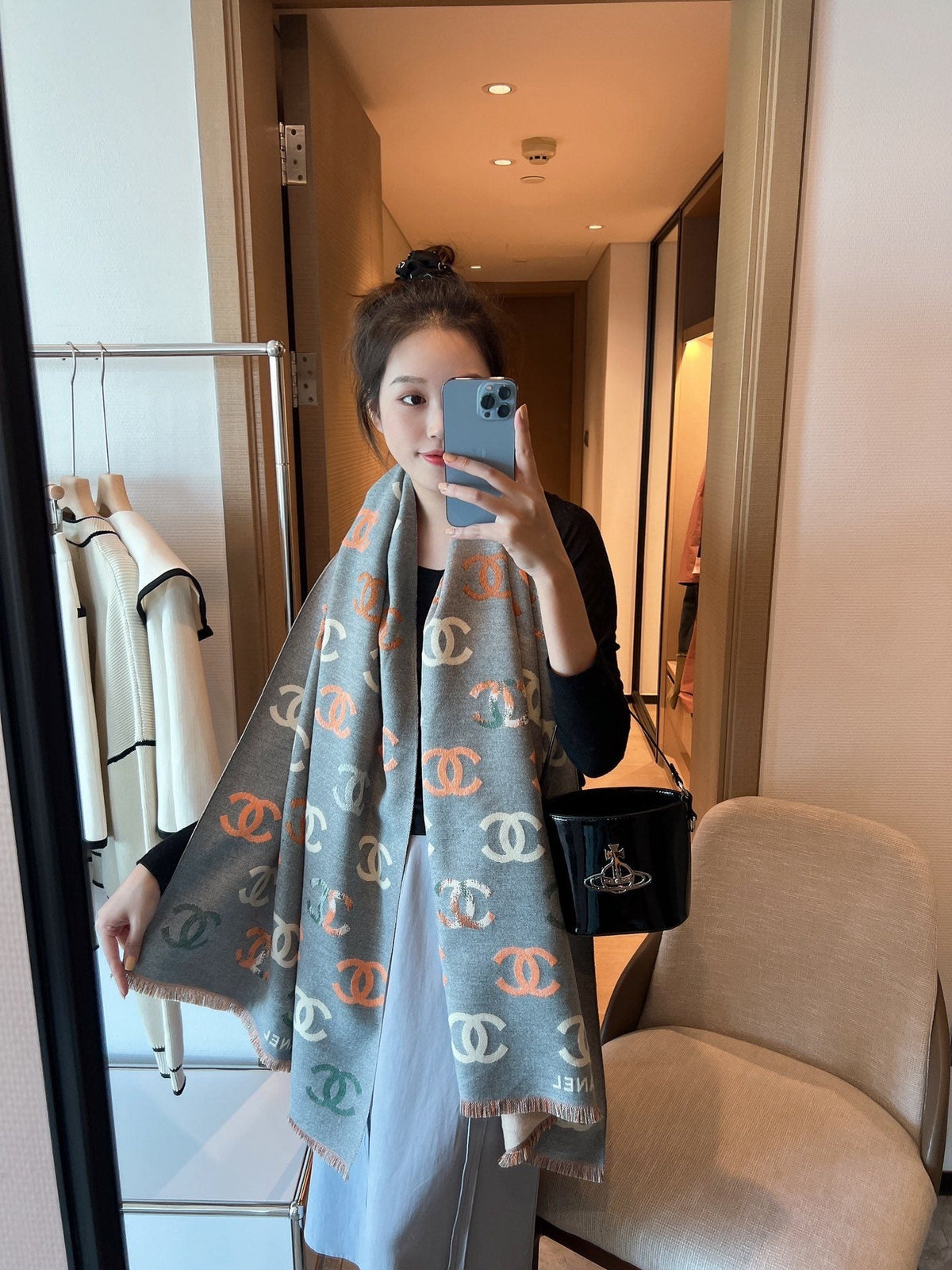 Chanel Patterned Fringed Scarf — hero