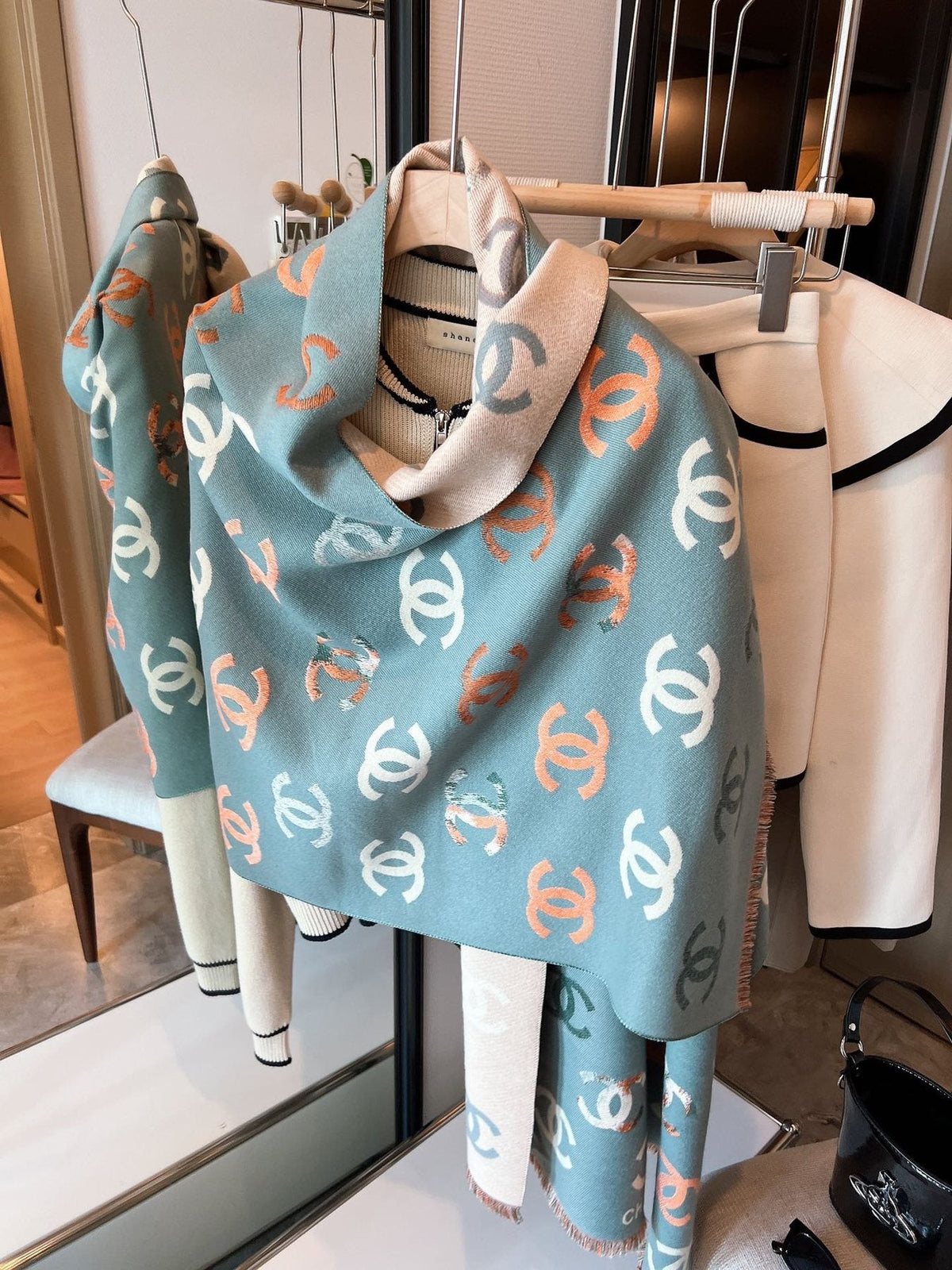 Chanel Patterned Fringed Scarf — front