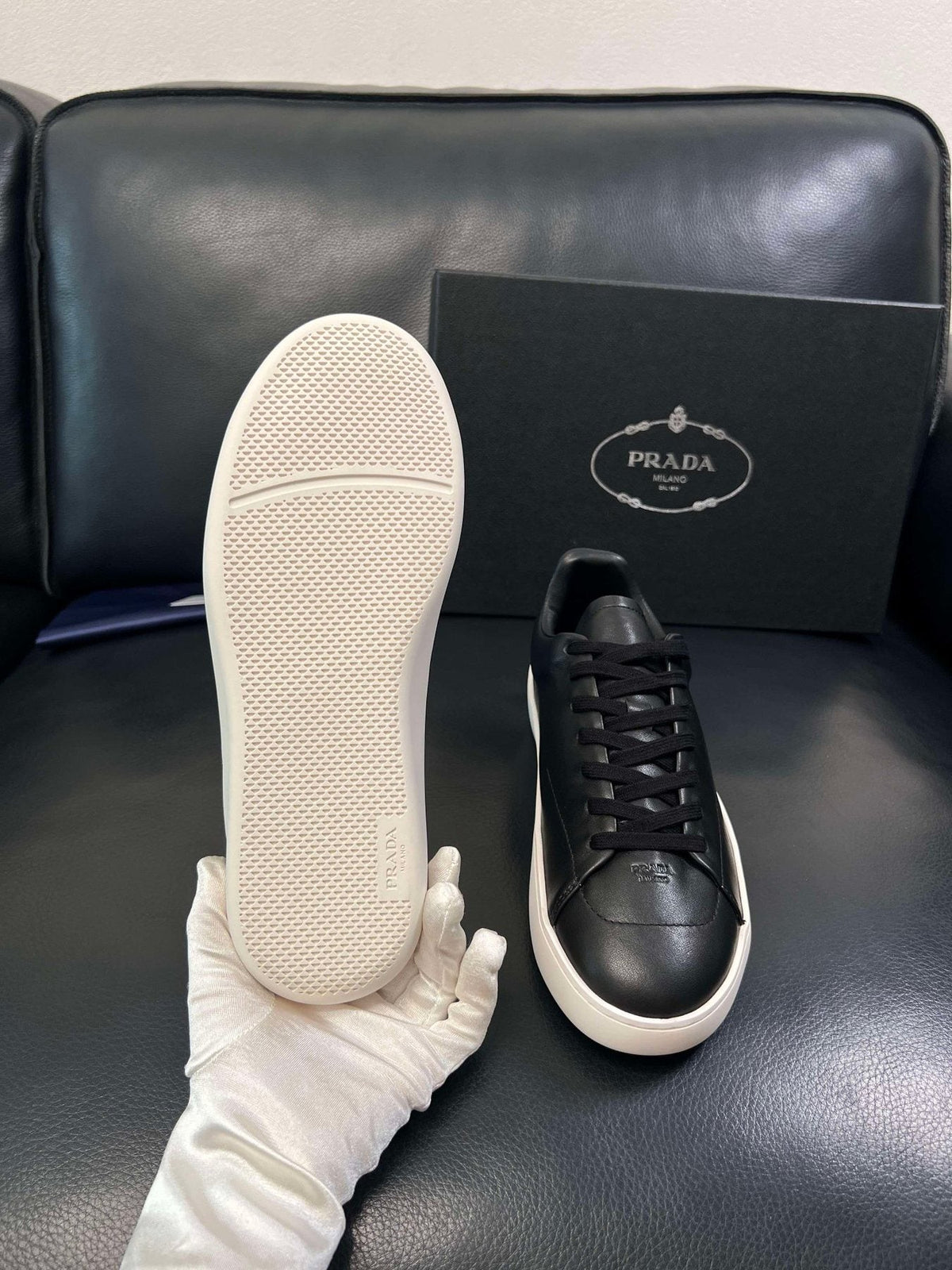 Prada Low-Top Leather Sneakers — detail