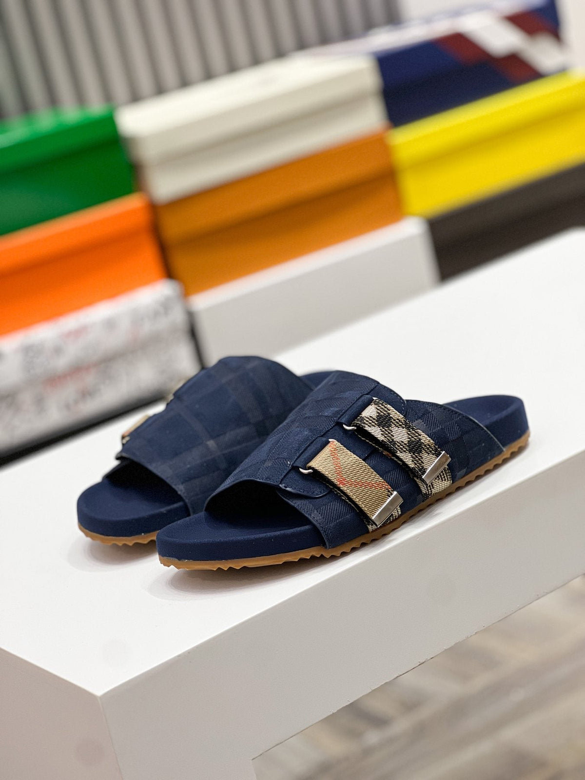 Burberry Navy Check Buckle Slide Sandals — side