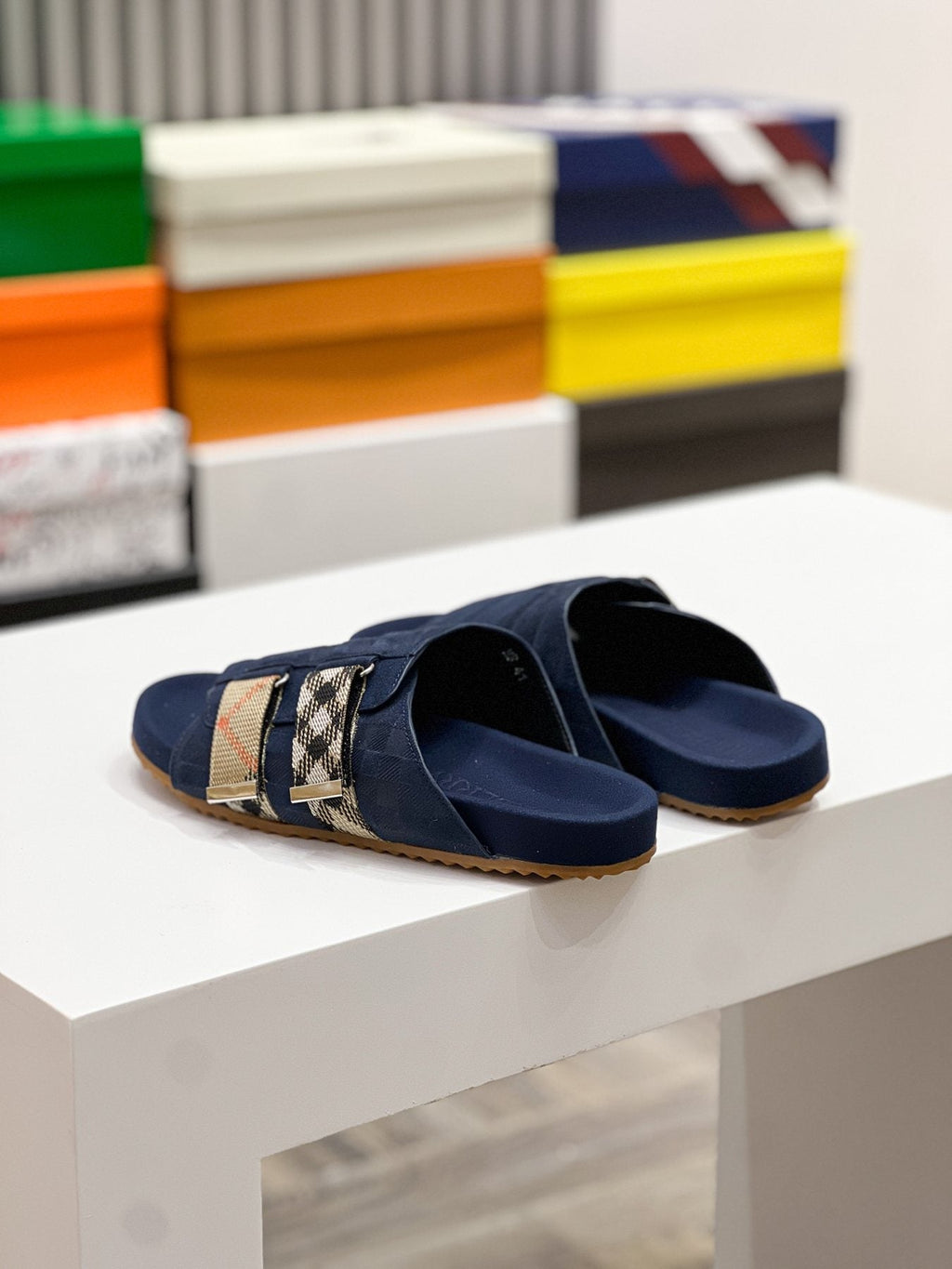 Burberry Navy Check Buckle Slide Sandals — back