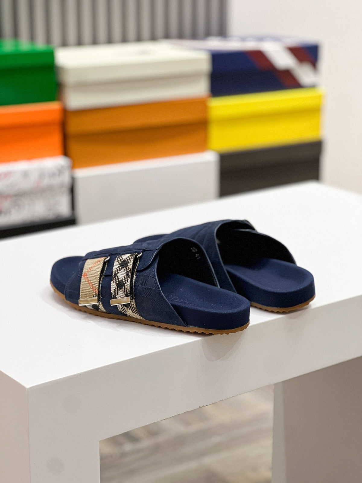 Burberry Navy Check Buckle Slide Sandals — back
