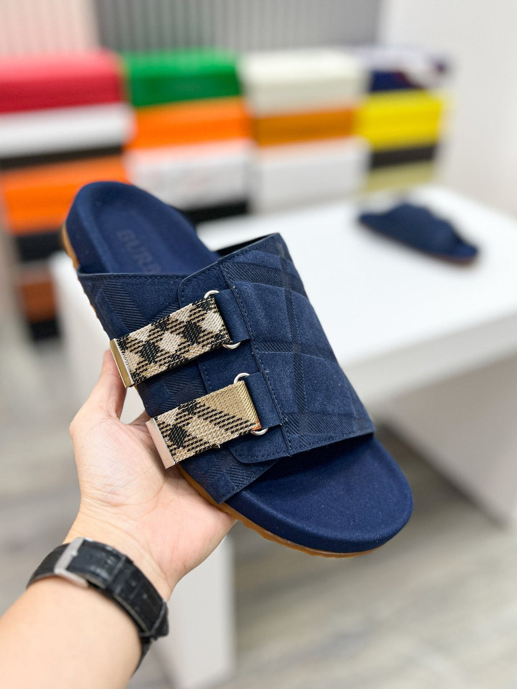 Burberry Navy Check Buckle Slide Sandals — model