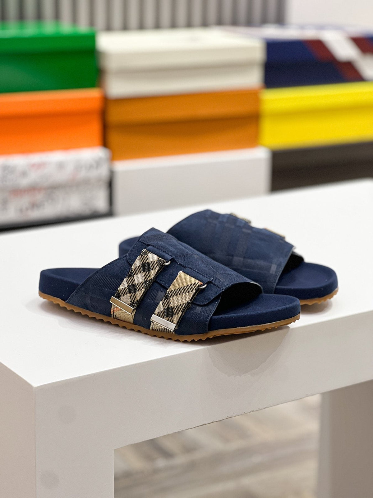 Burberry Navy Check Buckle Slide Sandals — side