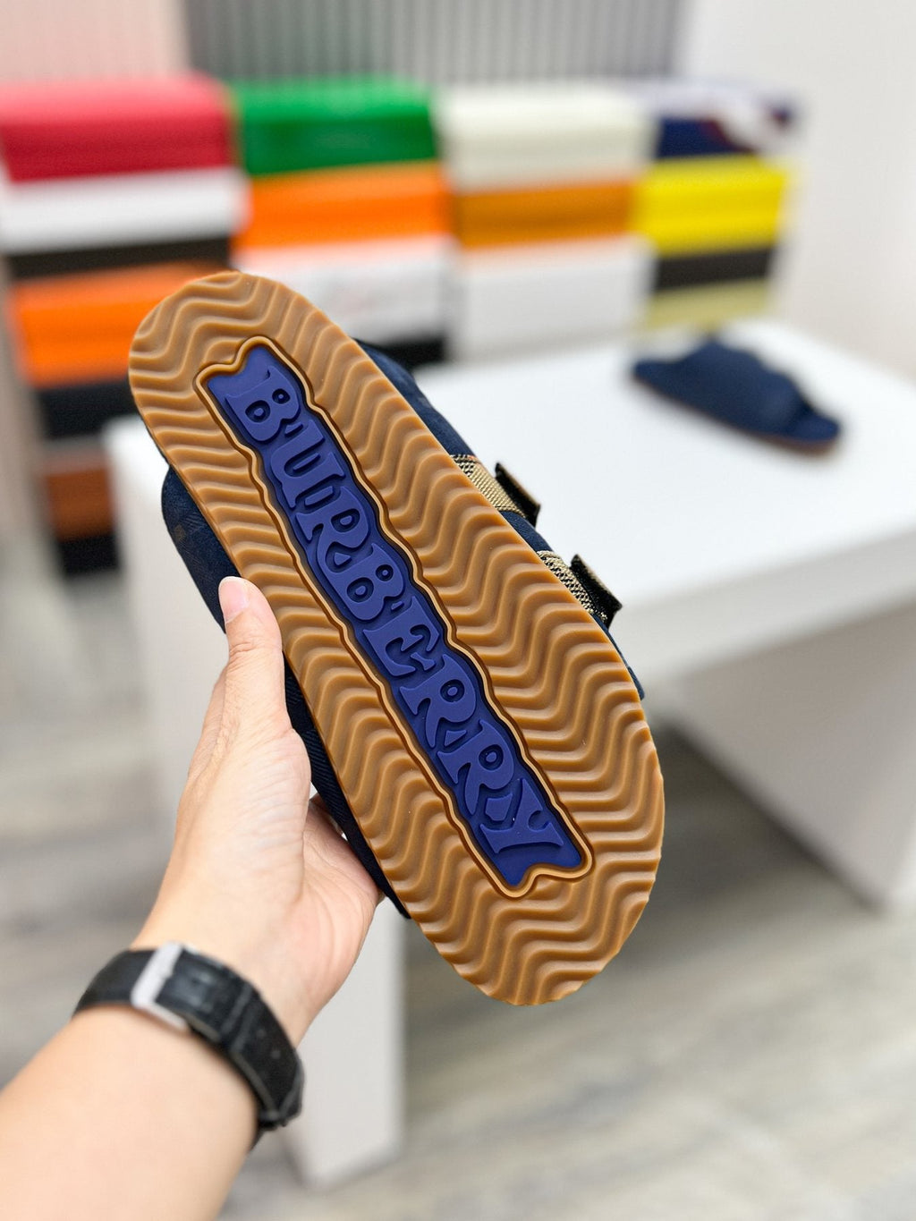 Burberry Navy Check Buckle Slide Sandals — detail