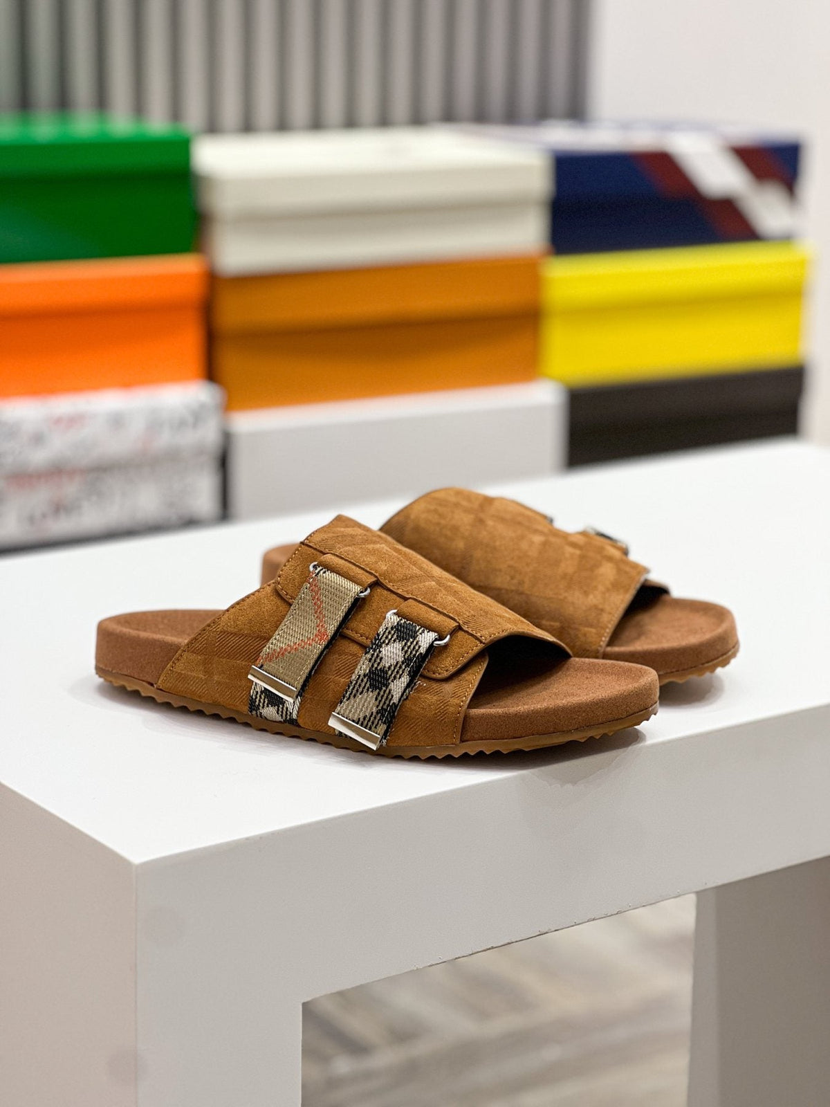 Burberry Navy Check Buckle Slide Sandals — side