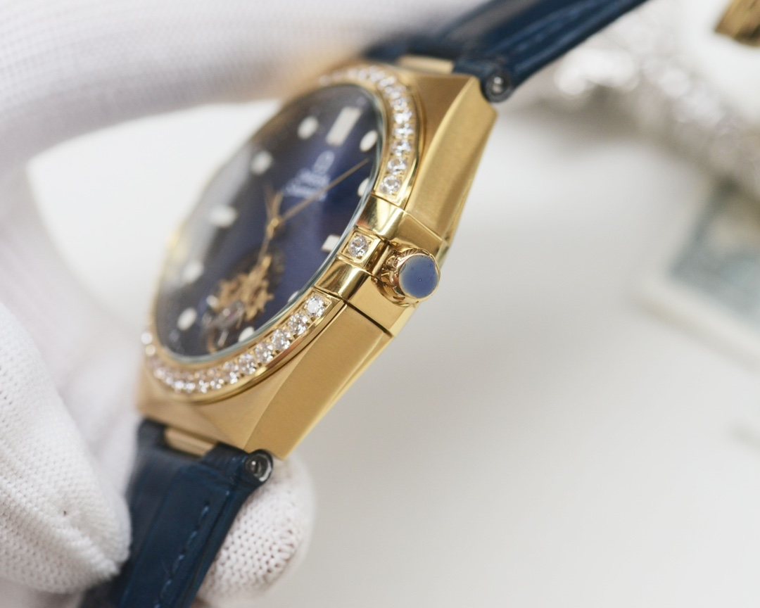 OMEGA Gold Blue Dial Leather Strap Watch — side