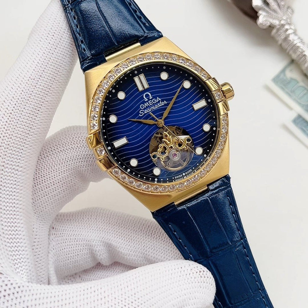 OMEGA Gold Blue Dial Leather Strap Watch — hero