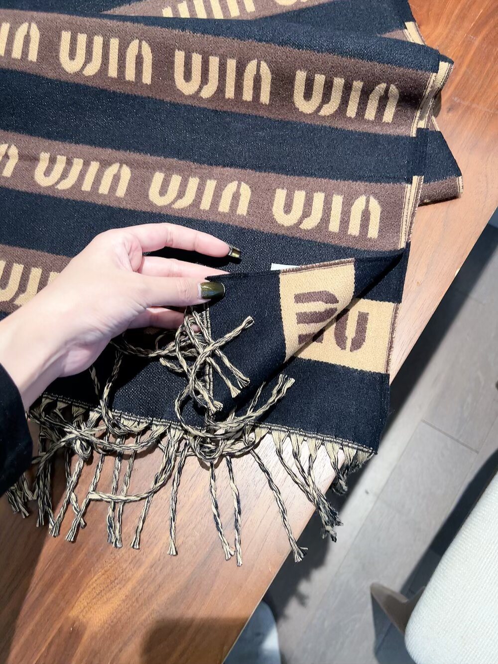 Miu Miu Gray, Black & White Fringed Scarf — detail