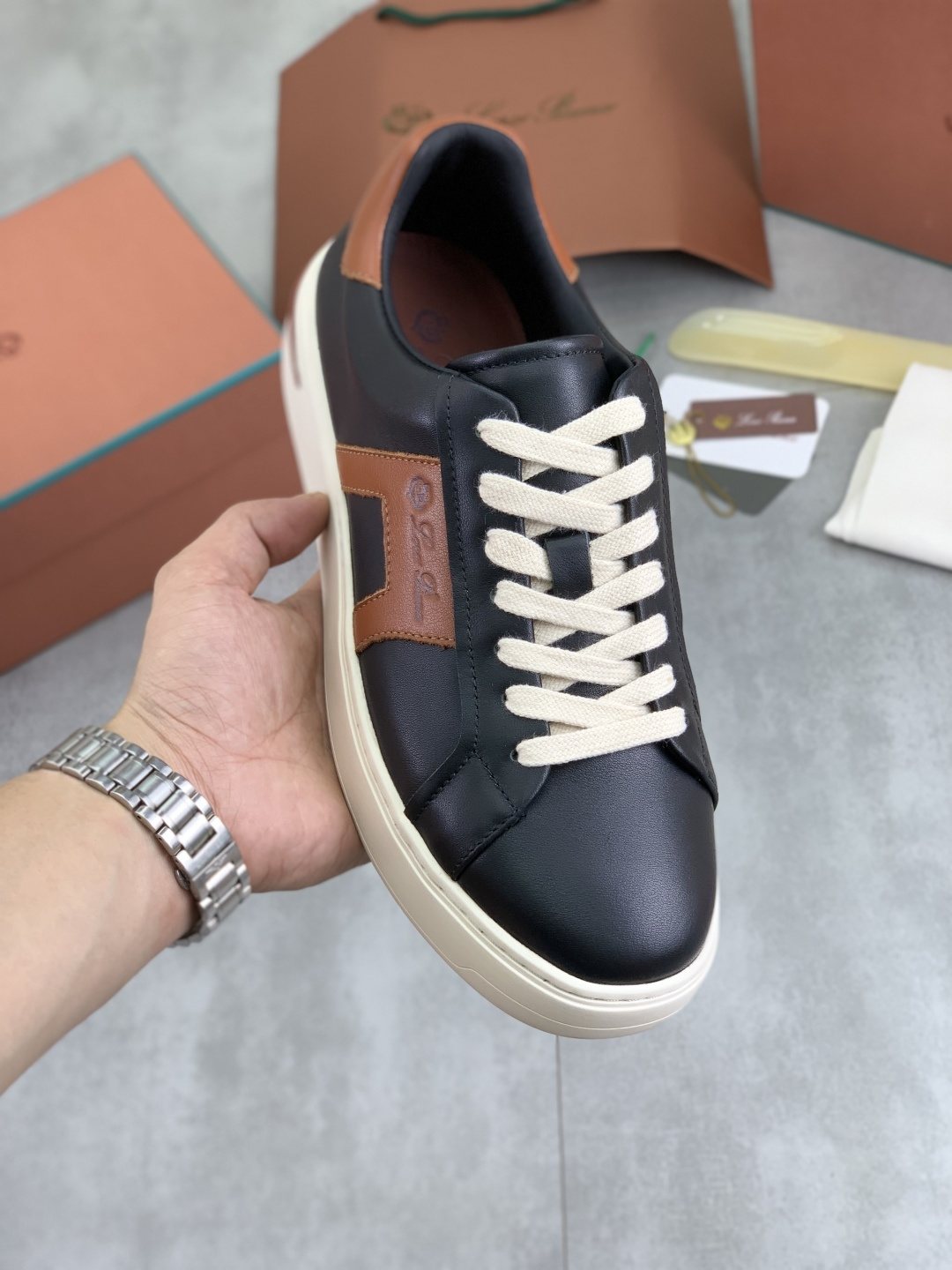 Loro Piana Black and Brown Low-Top Sneakers — front