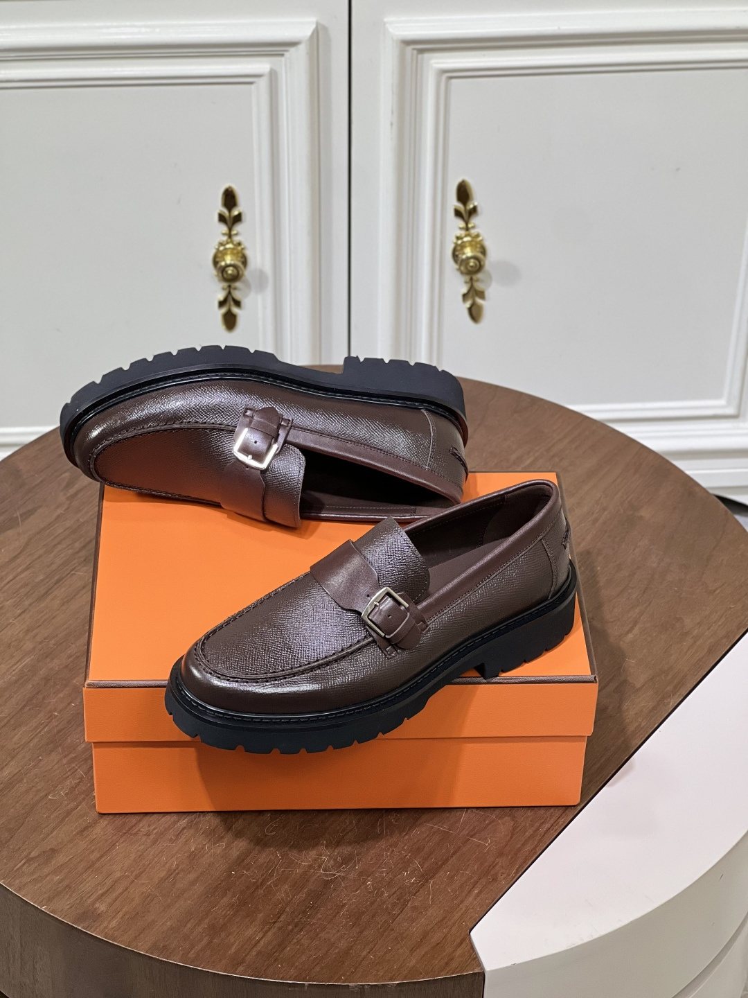 Hermès Men's Metal-Bar Lug Sole Loafers — front