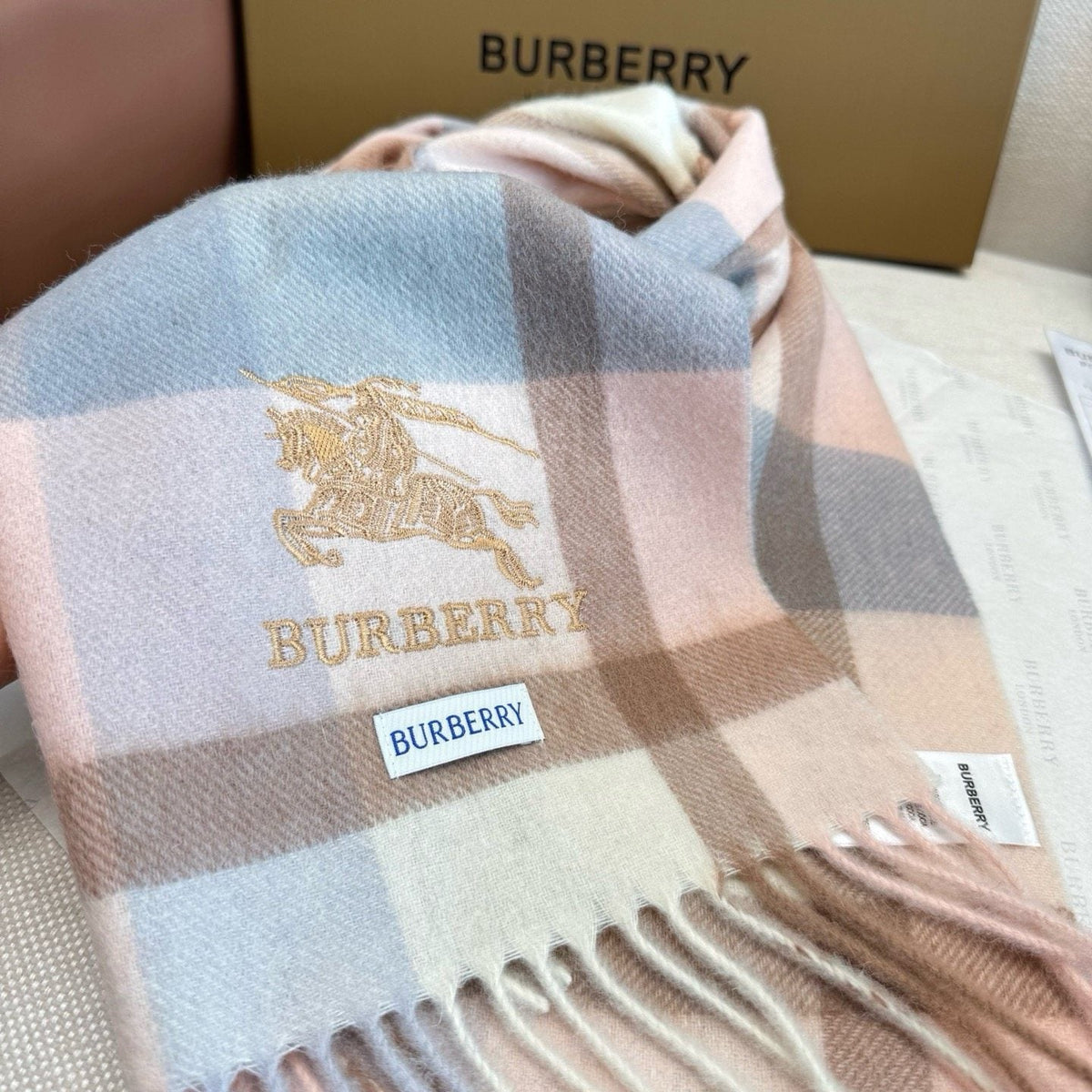 Burberry Pink Plaid Fringed Scarf — detail