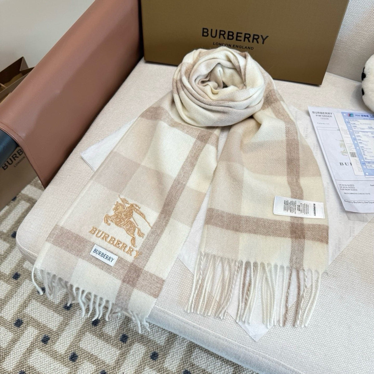 Burberry Cream Taupe Check Fringed Scarf — side