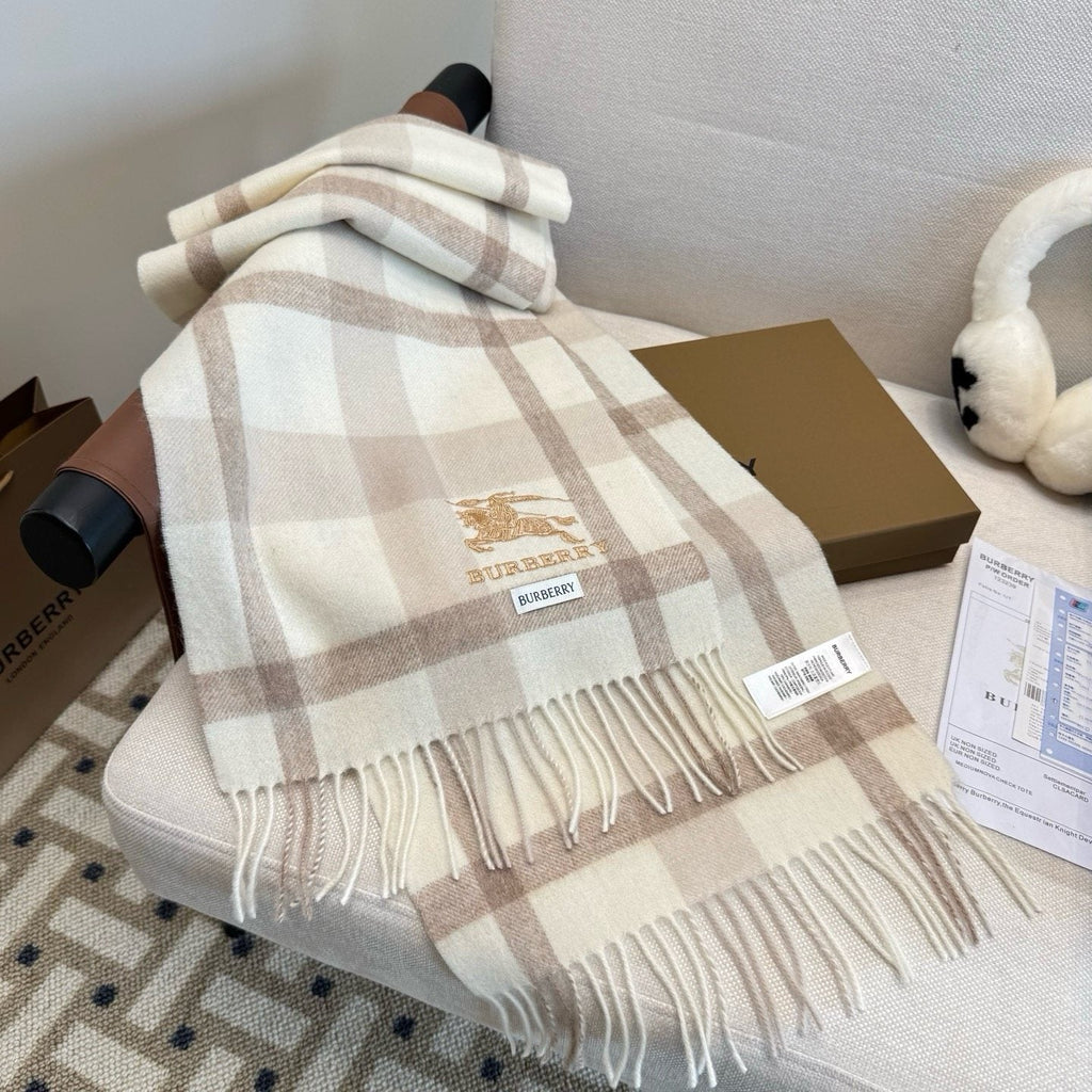 Burberry Cream Taupe Check Fringed Scarf — side