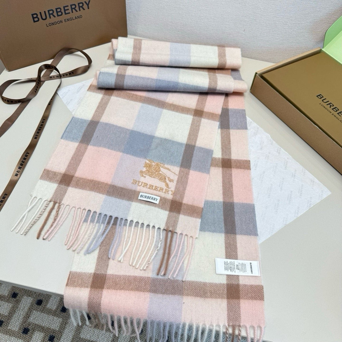 Burberry Pink Plaid Fringed Scarf — front