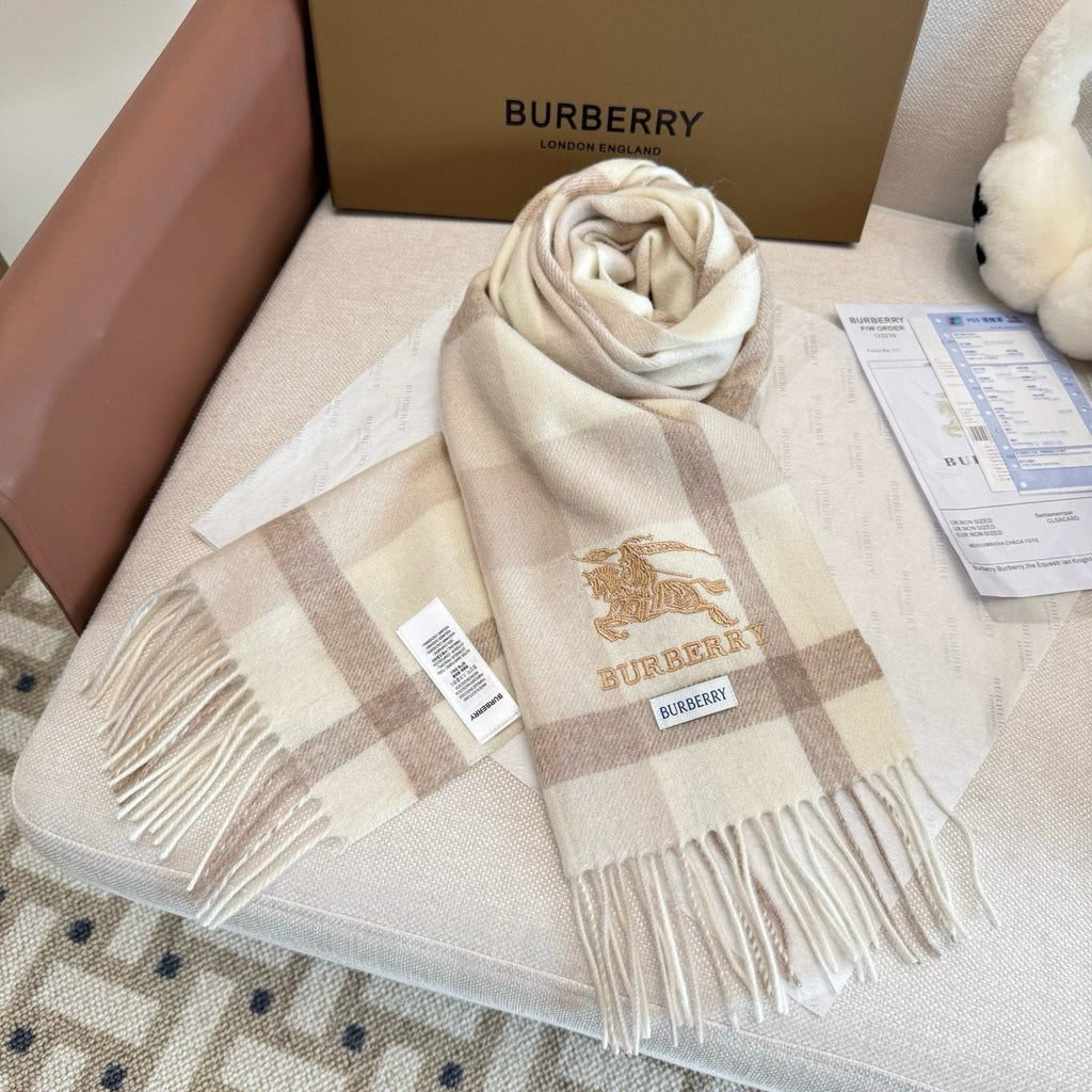 Burberry Cream Taupe Check Fringed Scarf — front