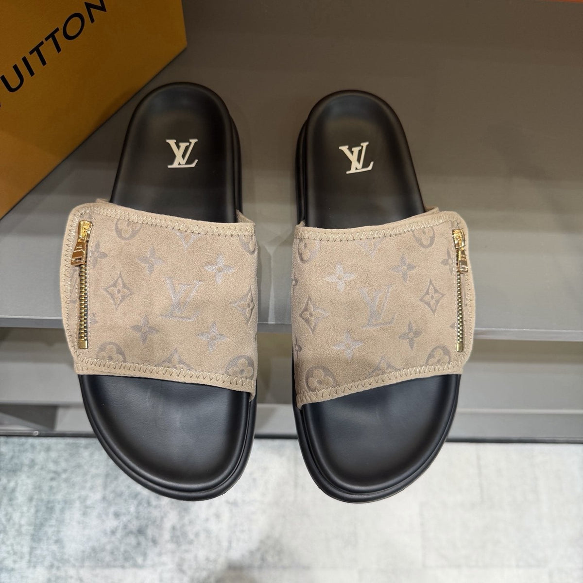 Louis Vuitton Beige and Black Slide Sandals — hero
