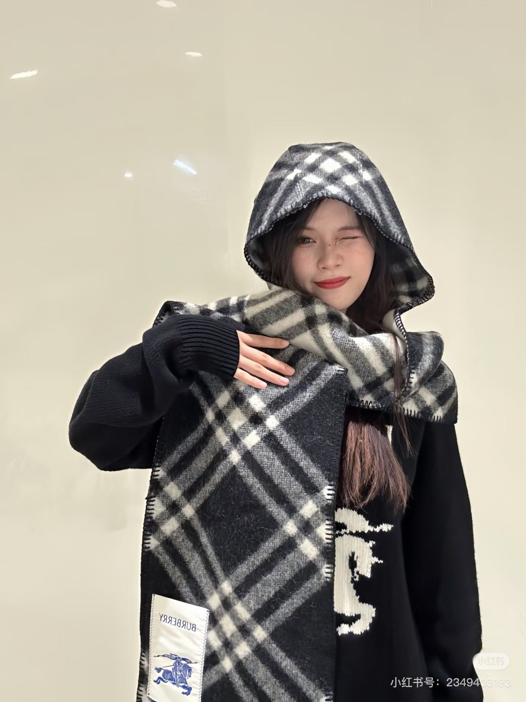 Plaid Hooded Scarf Wrap — model