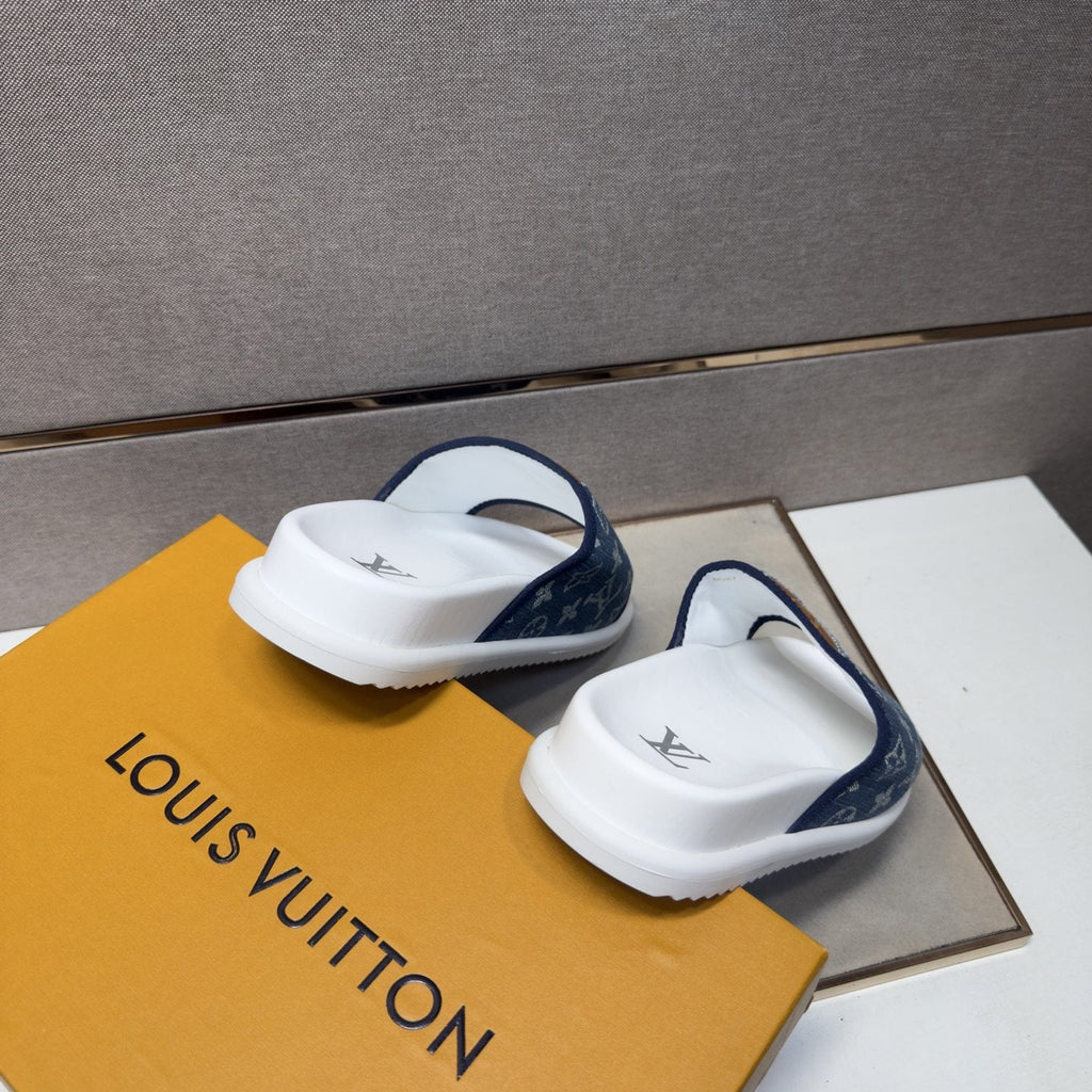 Louis Vuitton Navy Patterned Slide Sandals — front