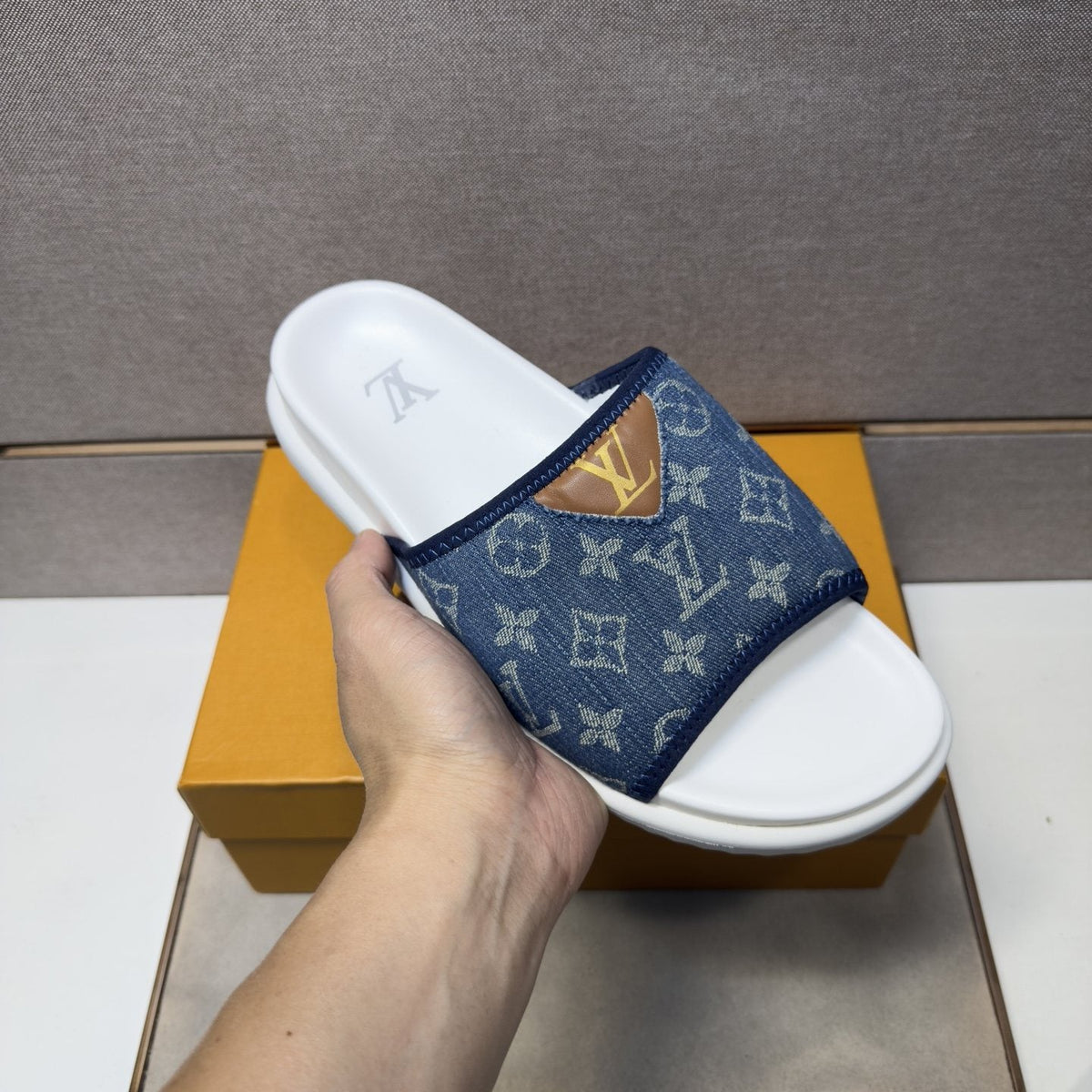Louis Vuitton Navy Patterned Slide Sandals — model
