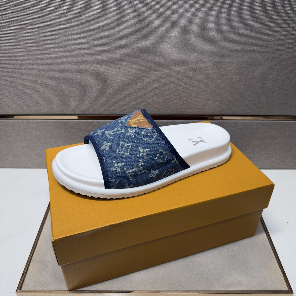 Louis Vuitton Navy Patterned Slide Sandals — front