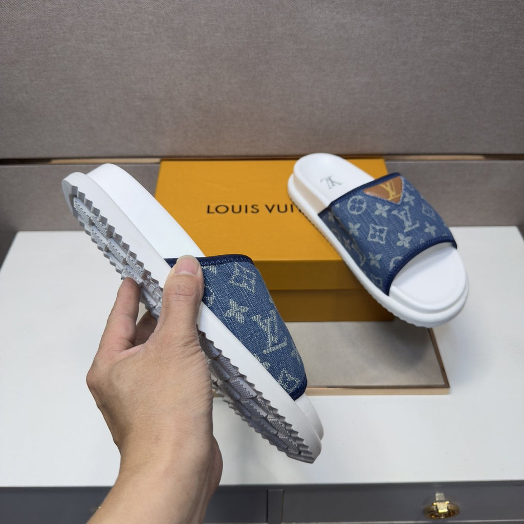Louis Vuitton Navy Patterned Slide Sandals — model